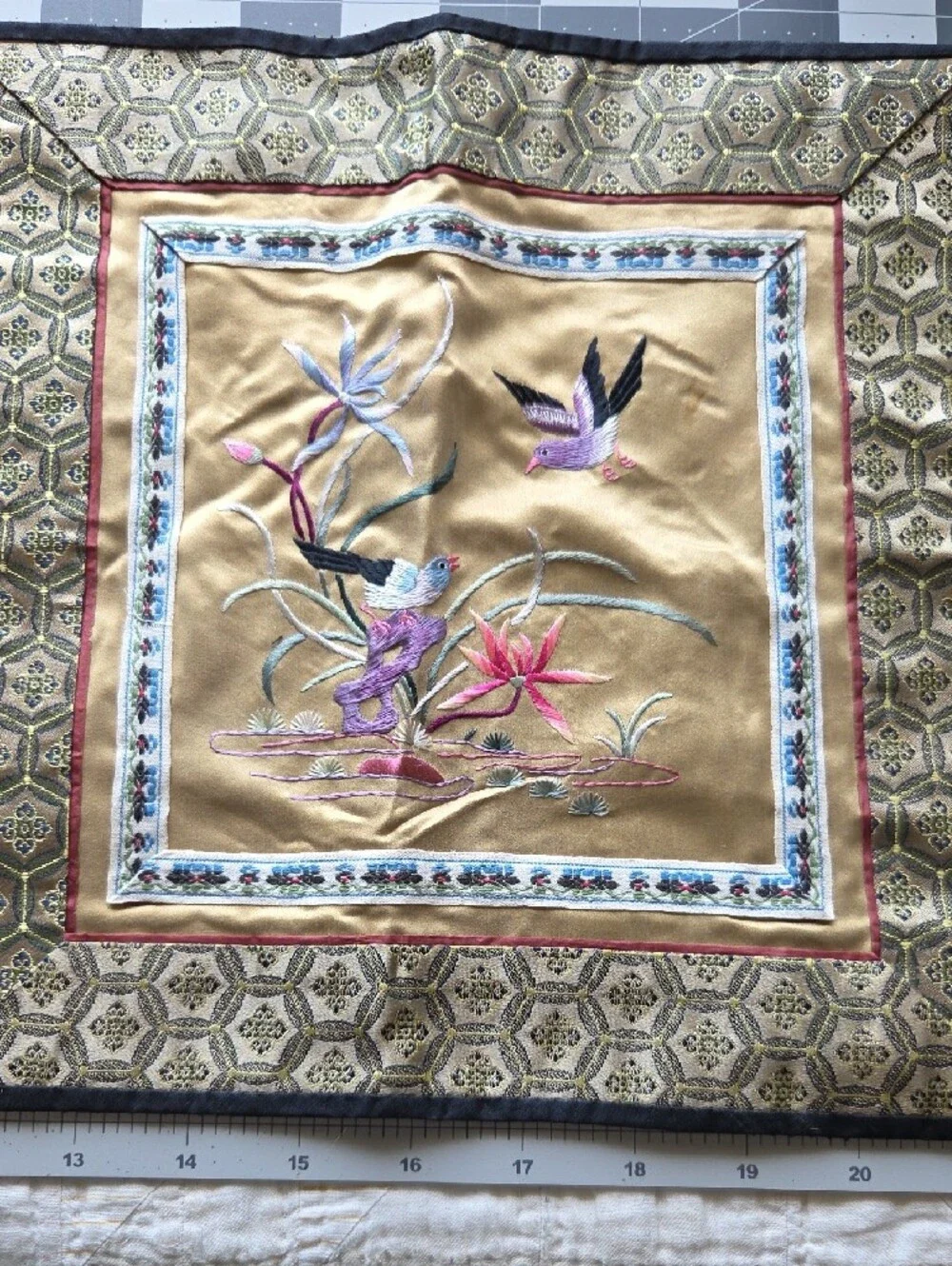 Embroidered Silk Wall Panel in Gold with Multicolor Floral Motif